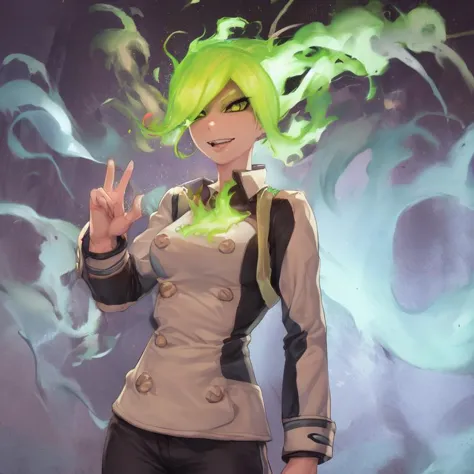 a close up of a person with green hair and a jacket