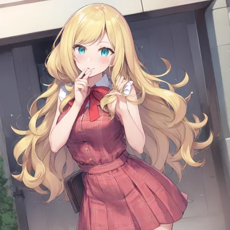 anime girl with long blonde hair and blue eyes in a red dress