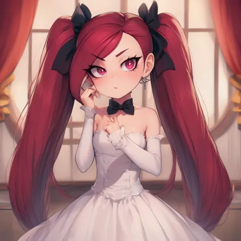 anime girl in white dress with long red hair and black bow tie