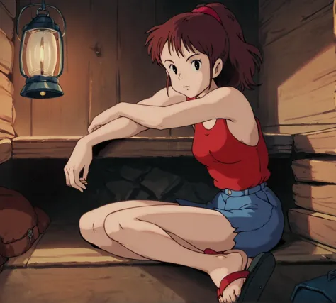 Ursula, black eyes, zPDXL, best quality, amazing quality, score 9, 1girl, red shirt, tank top, indoors, cabin, sandals, sitting, looking at viewer, lantern, blue shorts, retro artstyle, <lora:Ursula:0.8>