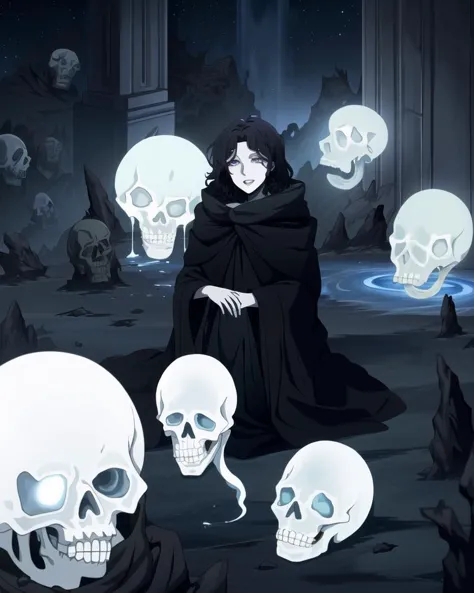 ((best quality)), ((highly detailed)), masterpiece, (detailed eyes, deep eyes), (1girl), full body, ((ghost-girl)), ((undead)), ecto woman, ((pale skin:1.3)), ((black colored hair:1.3)), (eye bags), (monstergirl), smoky skull, flowing ((black robe)), medium breasts, ((crazy grin)), ((mausoleum)), fog, (stars, galaxies, space, asteroids, planets, space ship), 