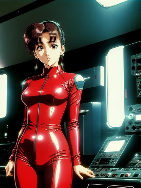 anime girl in red latex outfit standing in a control room