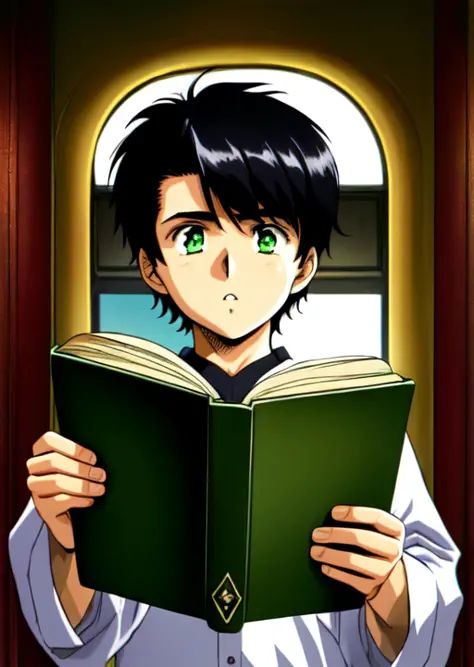 <lora:urushi_satoV7(1):1> (urushisato:1) masterpiece, absurdres, 1boy, male focus, standing, portrait,  black hair, green eyes, dark skin, reading a book,