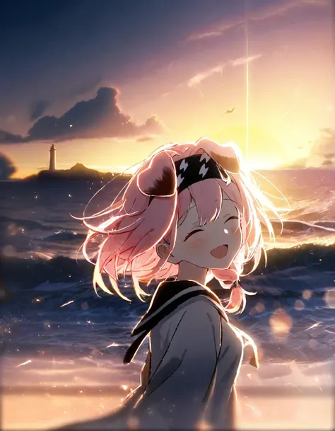 1girl, 
goldenglow \(arknights\),  
cat ears, solo, blush, backlighting, blurry, crescent moon, dark, depth of field, film grain, hill, horizon, moon, outdoors, railing, sky, sunrise, water, wind, moody eerie, sunlight, :d, long hair, ocean, animal ears, open mouth, braid, smile, cat girl, hairband, horizon, cloud, sun, side braid, lighthouse, lens flare, hair between eyes, closed eyes, ^_^, pink hair, bokeh, chromatic aberration, lightning bolt print, signature, reflection, diffraction spikes, from behind, beach, lightning, ocean, facing viewer, upper body, black hairband, artist name, evening, long sleeves, dawn, city, facing back, happy, 
masterpiece, best quality,  safe
 <lora:yy_xl_v1-000030:1>