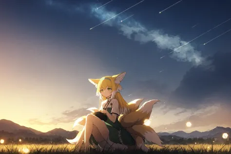 1girl, 
suzuran \(arknights\),  
luoxiaohei, animal ears, blonde hair, fox ears, green eyes, long hair, hairband, tail, fox tail...