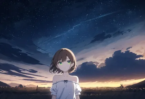 1girl, upper body, standing, medium hair, brown hair, green eyes, white shirt, off shoulder shirt, puffy short sleeves, strapless, collarbone, bare shoulders, outdoors, starry sky, night, night sky