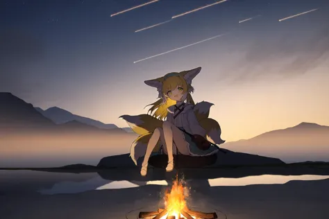 1girl, 
suzuran \(arknights\),  
luoxiaohei, animal ears, blonde hair, fox ears, green eyes, long hair, hairband, tail, fox tail, outdoors, (night:1.1), (meteor shower:1.1), (mountain:0.9), smile, sky, campfire, animal ear fluff, blue hairband, solo, cloudy sky, moon, black hair, kitsune, full moon, :d, night sky, cloud, kyuubi, star \(sky\), sitting, fox girl, 
masterpiece, best quality,  safe
 <lora:yy_xl_v1:1> <lora:suzuran_luoxiaohei_xl_v1-000008:0.8>