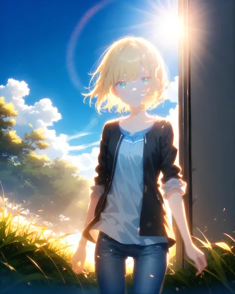 1girl, cowboy shot, standing, short hair, blonde hair, green eyes, black jacket, open jacket, blue shirt, sleeves rolled up, jeans, collarbone, outdoors, cloud, blue sky, sunlight <lora:outline_xl_kohaku_delta_spv5x:-2> <lora:yy_xl_v1:1>