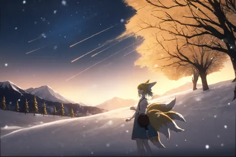 1girl, 
suzuran \(arknights\),  
luoxiaohei, animal ears, blonde hair, fox ears, green eyes, long hair, hairband, tail, fox tail, outdoors, (night:1.1), (meteor shower:1.1), (mountain:0.9), looking afar, solo, sky, from side, looking ahead, night sky, tree, snow, bare tree, profile, kitsune, multiple tails, cloud, snowing, standing, blue hairband, fox girl, kyuubi, animal ear fluff, 
masterpiece, best quality,  safe
 <lora:yy_xl_v1:1> <lora:suzuran_luoxiaohei_xl_v1-000008:0.8>