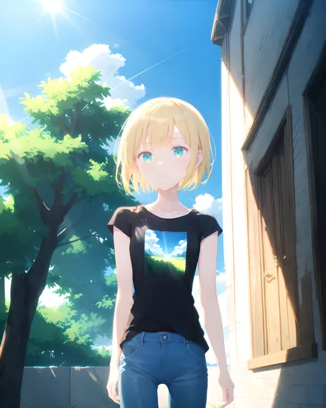 1girl, cowboy shot, standing, short hair, blonde hair, green eyes, black shirt, T-shirt, cap sleeves, jeans, collarbone, outdoors, cloud, blue sky, sunlight <lora:outline_xl_kohaku_delta_spv5x:-2> <lora:yy_xl_v1:1> <lora:CapSleeves:0.6>