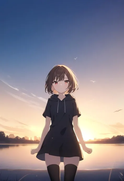 1girl, cowboy shot, standing, short hair, brown hair, red eyes, black hoodie, hoodie dress, short sleeves, black thighhighs, outdoors, golden hour lighting