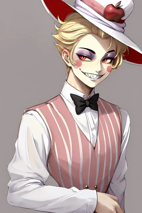 anime character with a hat and a bow tie and a red apple