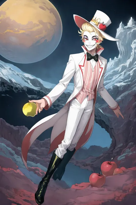 (masterpiece), best quality, (perfect face, blush stickers, grin, sharp teeth, colored skin, makeup), 1boy, male focus, solo, (blonde hair, short hair), (top hat, apple, hat, white headwear), (white coat, long sleeves, striped shirt, suit, bowtie, boots, full body), (red eyes, yellow sclera, colored sclera,)  <lora:Lucifer-003:0.8> ,(Alien planet landscape background:1.2)