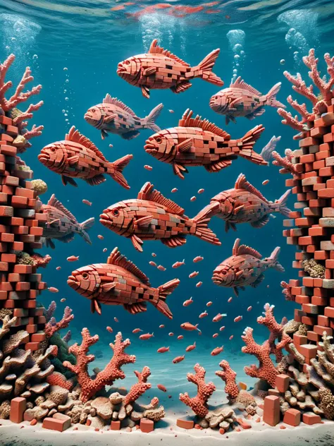 ais-brickz school of fish swimming through a coral reef made of tiny, sculpted ais-brickz <lora:Bricks_Style_SDXL:1>