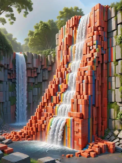 ais-brickz waterfall cascading down a rainbow of ais-brickz blocks <lora:Bricks_Style_SDXL:1>