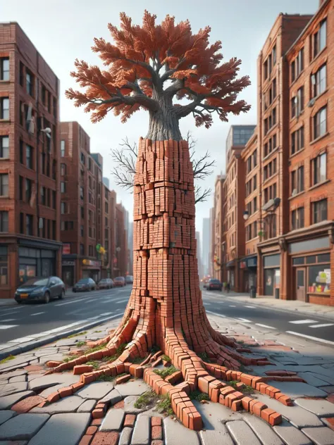 ais-brickz lone tree growing through cracks in a towering ais-brickz city <lora:Bricks_Style_SDXL:1>