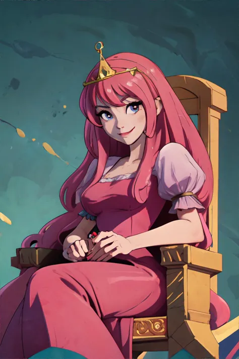 <lora:princessbubblegum-yeiyei:0.4>, bubblegumwaifu, 1girl, sitting on royal throne, regal, long dress, sweet smile, candy castl...