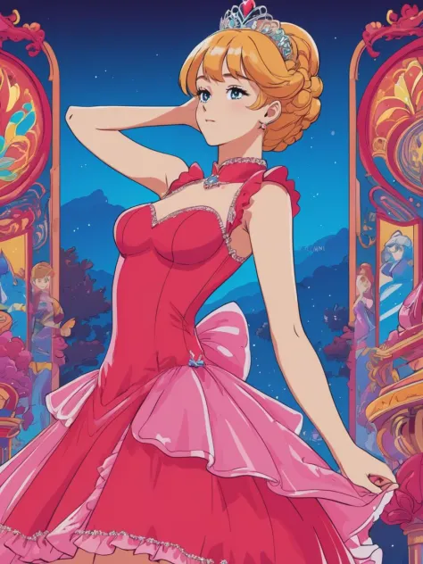 Pop Art style anime screencap, beautiful young woman wearing a Neon Red princess dress, <lora:xl_princess_dress-2.0:0.8>, Theatr...