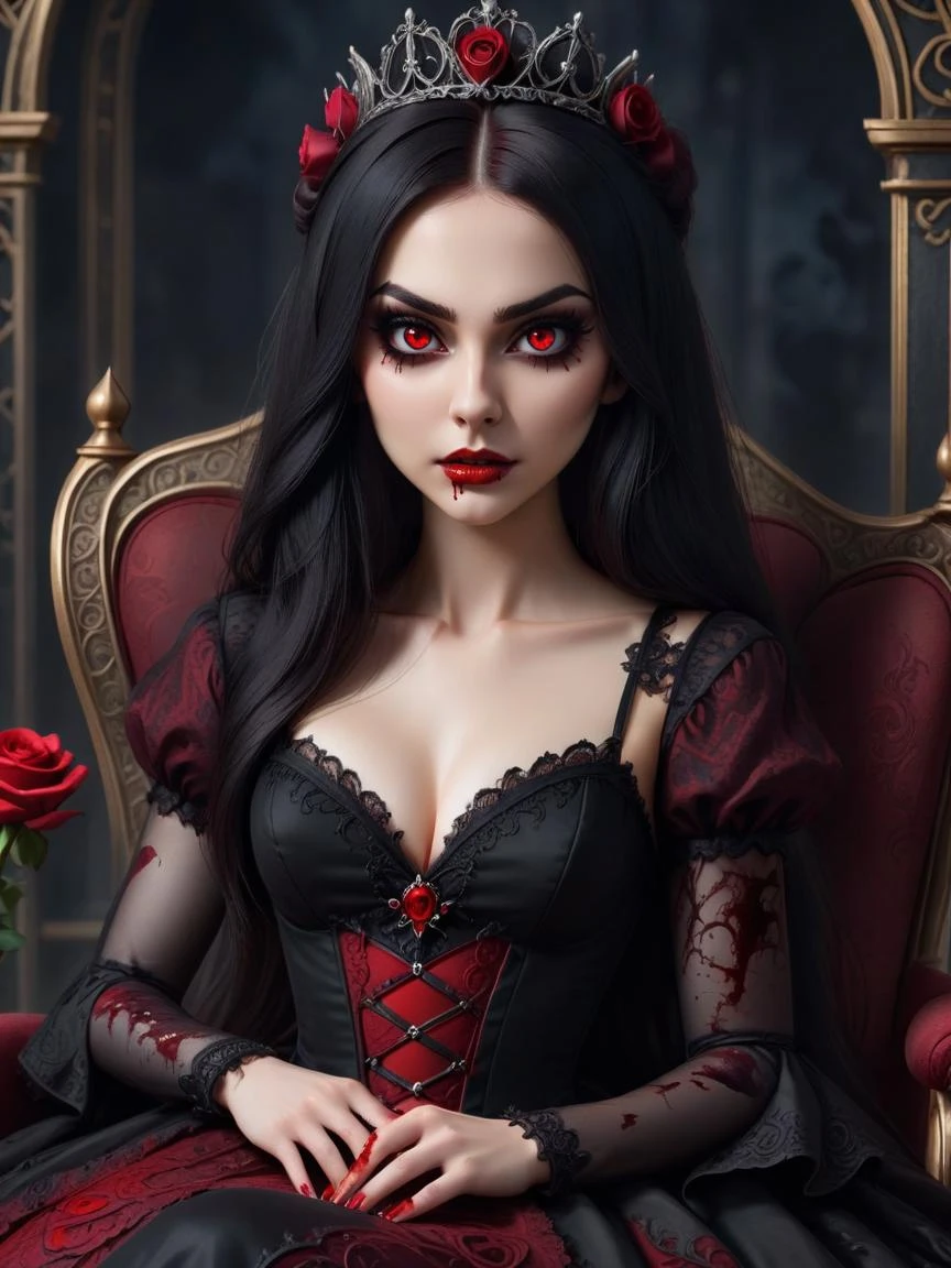 Schöne junge Vampirfrau im gotischen Stil trägt ein langes schwarzes und blutrotes Prinzessinnenkleid, Rosen, (blutüberströmt), böses Lächeln, auf einem Thron sitzend . dunkel, geheimnisvoll, eindringlich, dramatisch, aufwendig, ausführlich