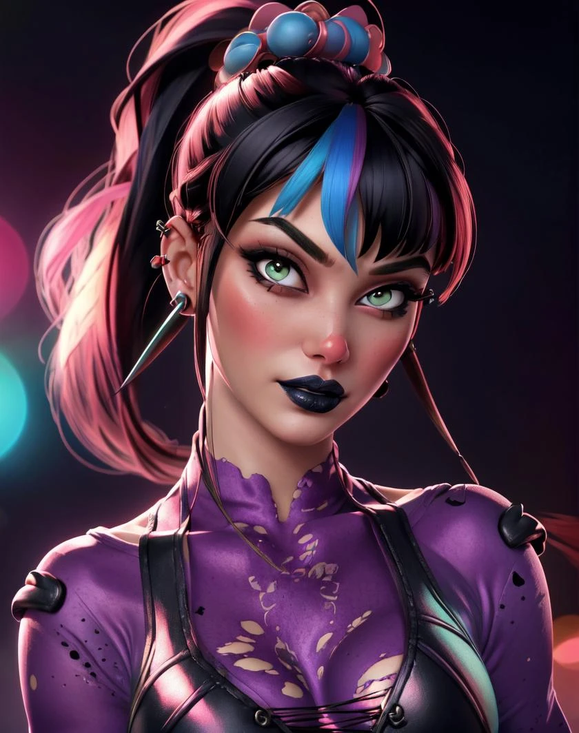 punchline, 1girl, solo, long hair, breasts, looking at viewer, bangs, black hair, cleavage, medium breasts, upper body, ponytail, multicolored hair, spikes, earring spikes, blurry background, lips, black lips, ear piercing spikes, blush stickers 