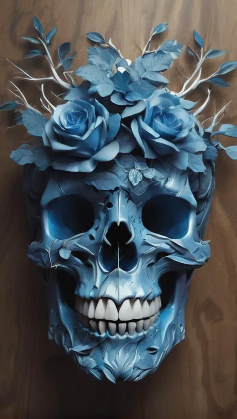 eine Nahaufnahme eines Schädels mit einem Baum und Blättern darauf, inspiriert von Alberto Seveso, Sylvain Sarrailh und Igor Morski, Discord-Profilbild, Dornenkrone, detaillierter Ganzkörper, Portal, Edgar Maxence und Ross Tran, augenlos, Krone aus blauen Blumen, aus filigranem Metall und Holz, dren von splice