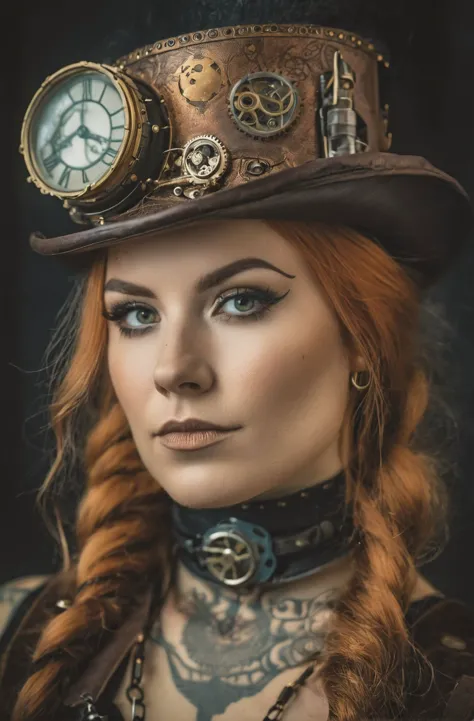 portrait of a steampunk nordic girl in the void, friendly wolfish tattooed face, highly textured skin, light and shadow, anti-aliasing, color-graded, floating motes, dynamic volumetric lighting, nikon D850