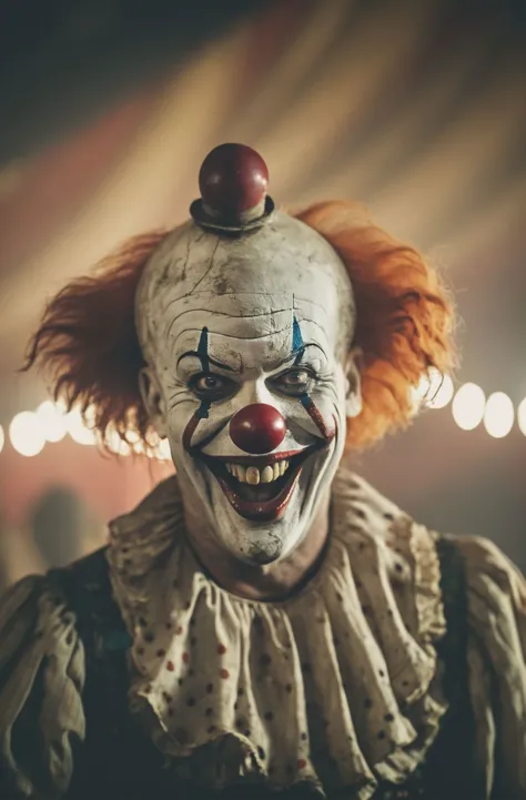 Horror-themed cinematic film still Ghoulish Clown laughing in the Abandoned Circus of Horrors . shallow depth of field, vignette...