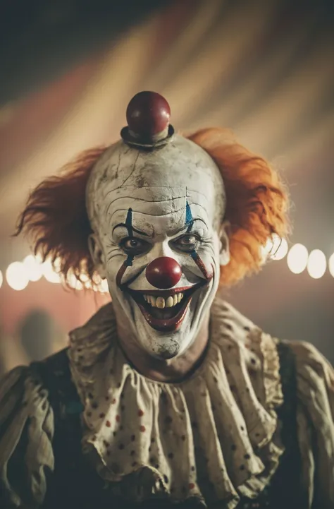 Horror-themed cinematic film still Ghoulish Clown laughing in the Abandoned Circus of Horrors . shallow depth of field, vignette, high budget, bokeh, cinemascope, moody, epic . Eerie, unsettling, dark, spooky, suspenseful, grim, highly detailed