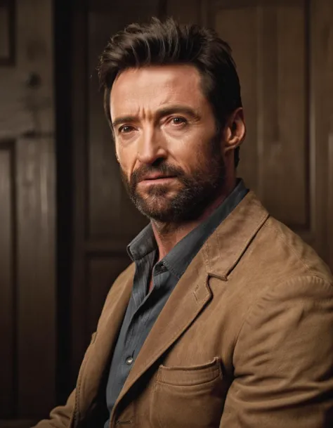 wide angle cinematic film still side view of hugh jackman with a beard wearing a cowboy outfit sitting in an old west saloon, de...