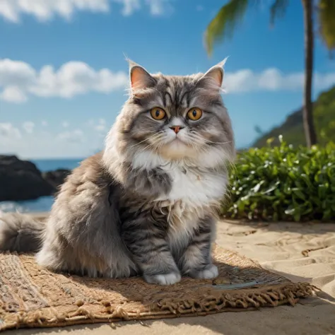 photo de portrait professionnel par Yousuf Karsh d&#39;un seul chat persan posé sur un tapis. Le chat a une pose détendue et une expression satisfaite. Il y a une plage tropicale en arrière-plan. Focus cinématographique sur le chat, pose dynamique, arrière-plan dynamique, composition dynamique, Éclairage dynamique, proportions réalistes, HDR, tracé laser,  extrêmement détaillé, ultra détaillé, détails complexes, Résolution 16k, Ultra réaliste, Photoréaliste, atmosphère très détaillée, Textures très détaillées.