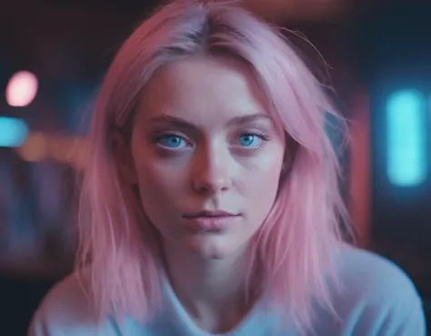 dramatic pale pink light, light blue light, close up portrait of woman, cinematic film still of pink blue orange colorful color ...