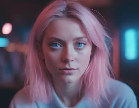 a woman with pink hair and blue eyes looks at the camera