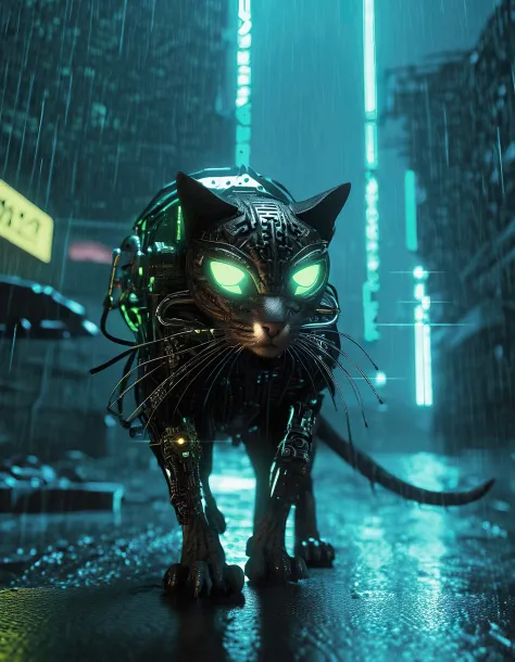 biomechanical cyberpunk backlight biomechanical cat stalking a mouse, walking in front of raining dark gloomy cyberpunk neon epi...