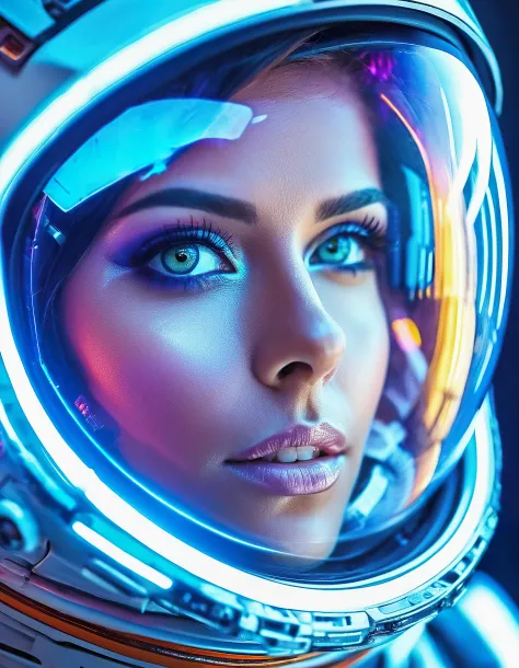 sci-fi style futuristic astronaut woman closeup portrait, detailed eyes, vibrant colours, glass reflections, dry skin, fuzzy ski...