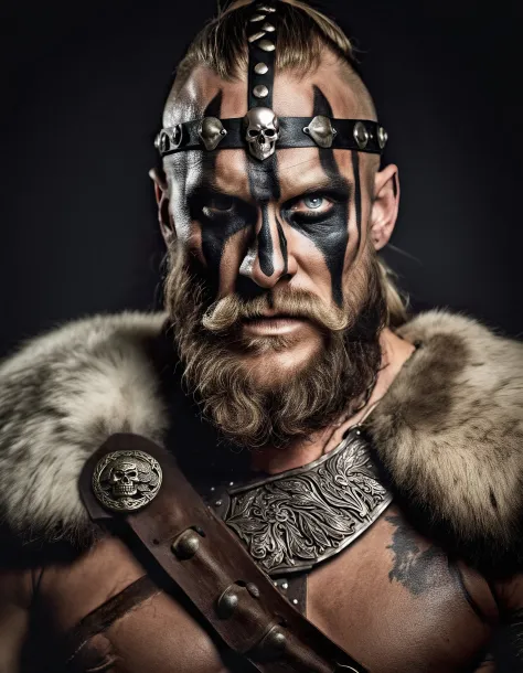 Fotograma de filme cinematográfico, retrato de um guerreiro viking, homem com pinturas de guerra no rosto e sangue, olhos detalhados, profundidade superficial de campo, vinheta, Altamente detalhado, filme de Hollywood de alto orçamento, cinemascópio, temperamental, épico, maravilhoso