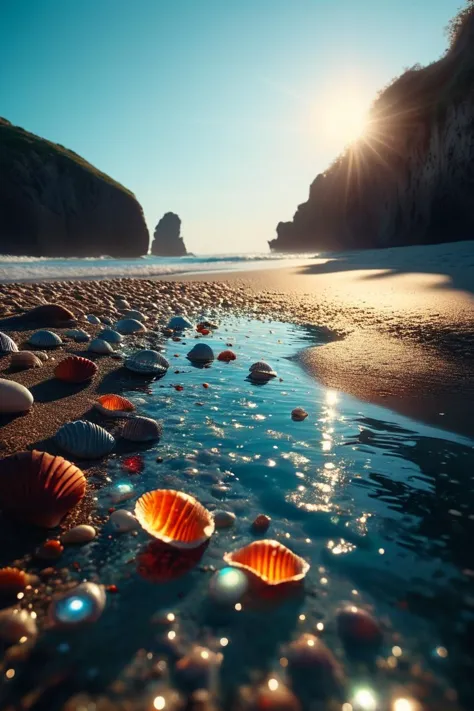 (((mystical beach with floating shells))), volumetric lighting, vibrant colors, 4k epic detailed, shot on kodak, 35mm photo, sharp focus, high budget, cinemascope, moody, epic, gorgeous, film grain, grainy, low key photography, dramatic lighting, intense emotions, cinematic feel, mysterious ambiance, emphasizing shape and form, creating depth, evoking drama, storytelling through shadows, professional technique,professional lighting, imaginative concept, creative styling, otherworldly aesthetic, surreal visual, captivating narrative, intricate detail, fantastical landscape, editorial storytelling, professional lighting, creating visual impact, evoking emotion, pushing creative boundaries