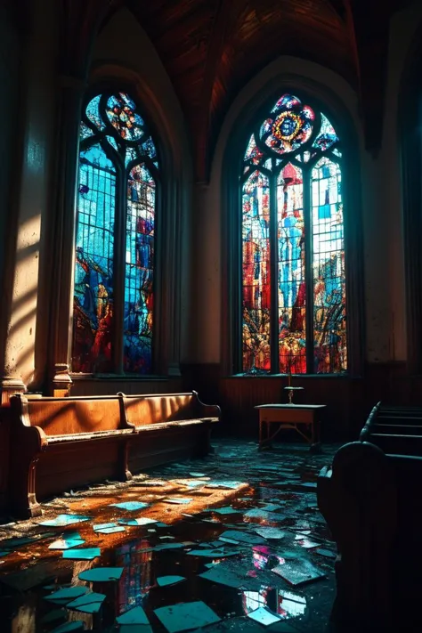 (((abandoned church with broken stained glass))), volumetric lighting, vibrant colors, 4k epic detailed, shot on kodak, 35mm pho...