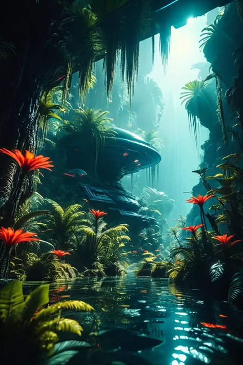 (((alien jungle with hovering creatures))), volumetric lighting, vibrant colors, 4k epic detailed, shot on kodak, 35mm photo, sh...