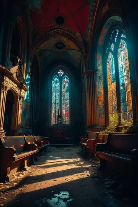 (((abandoned church with eerie silence))), volumetric lighting, vibrant colors, 4k epic detailed, shot on kodak, 35mm photo, sha...