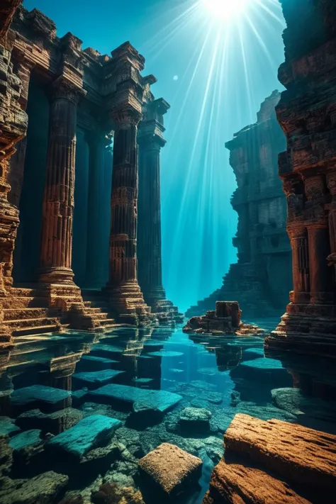 (((oceanic abyss with ancient ruins))), volumetric lighting, vibrant colors, 4k epic detailed, shot on kodak, 35mm photo, sharp ...