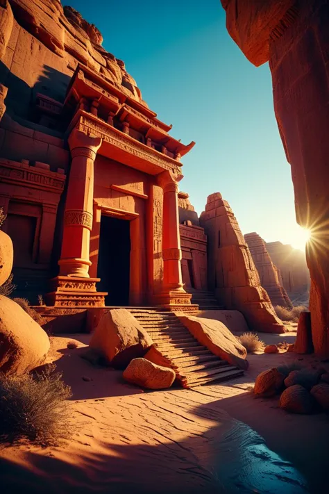 (((desert temple with magical artifacts))), volumetric lighting, vibrant colors, 4k epic detailed, shot on kodak, 35mm photo, sh...