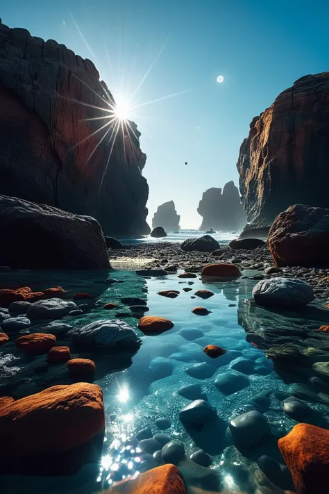 (((cosmic beach with floating rocks))), volumetric lighting, vibrant colors, 4k epic detailed, shot on kodak, 35mm photo, sharp ...