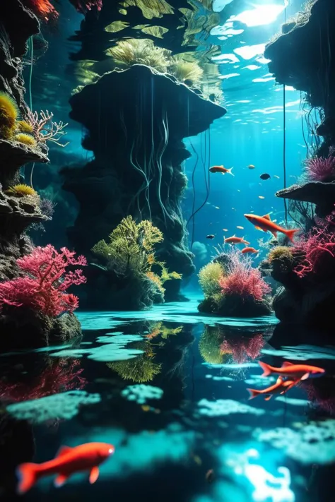 (((time-warped lagoon with bioluminescent fish))), volumetric lighting, vibrant colors, 4k epic detailed, shot on kodak, 35mm photo, sharp focus, high budget, cinemascope, moody, epic, gorgeous, film grain, grainy, low key photography, dramatic lighting, intense emotions, cinematic feel, mysterious ambiance, emphasizing shape and form, creating depth, evoking drama, storytelling through shadows, professional technique,professional lighting, imaginative concept, creative styling, otherworldly aesthetic, surreal visual, captivating narrative, intricate detail, fantastical landscape, editorial storytelling, professional lighting, creating visual impact, evoking emotion, pushing creative boundaries