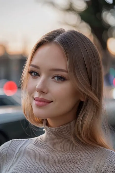 a close up of a woman with a sweater on standing in front of a car