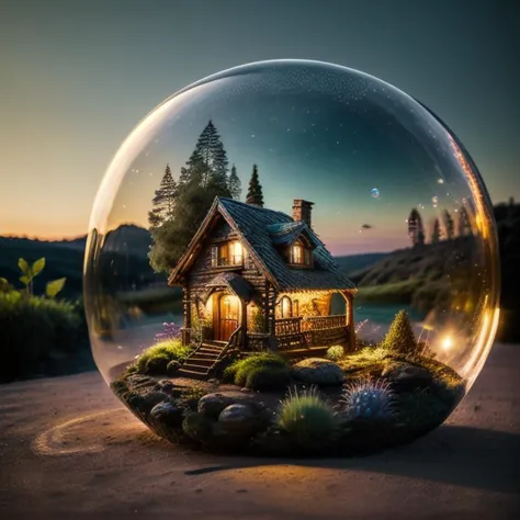 mini house, landscape, old fashion, nature, night light, a bubble, in the bubble, high detailed, masterpiece, best quality, <lor...