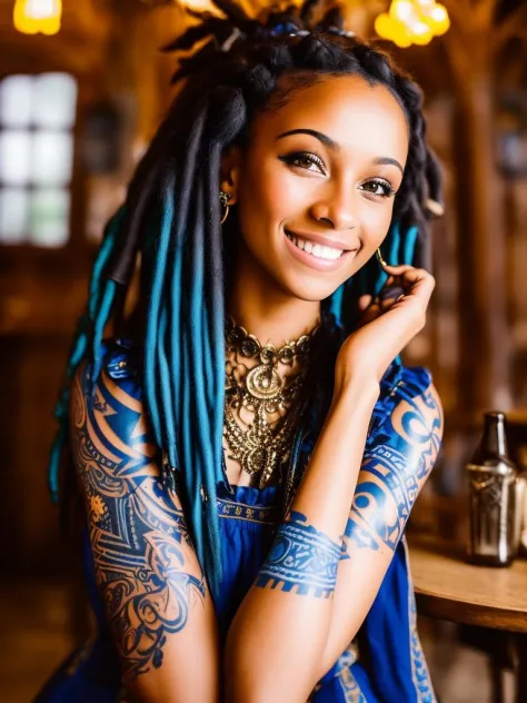 a portrait photo of a black girl, smiling, tattoo, blue dreads, (folk dress)++++, Ukrainian dress, pronounced feminine feature, insane details, intricate details, hyperdetailed, complex background, medieval tavern, indoor