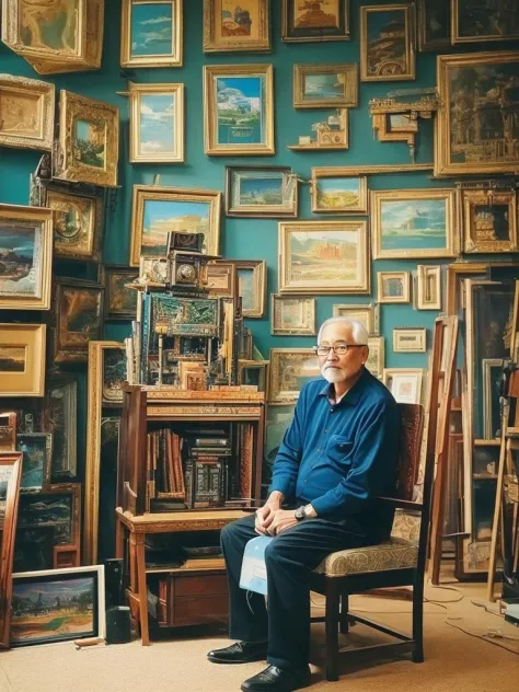 an oldman in chair, lots of complex stuff around, intricate in the background, art, wide shot, 12mm lens, painting, detailed, ca...