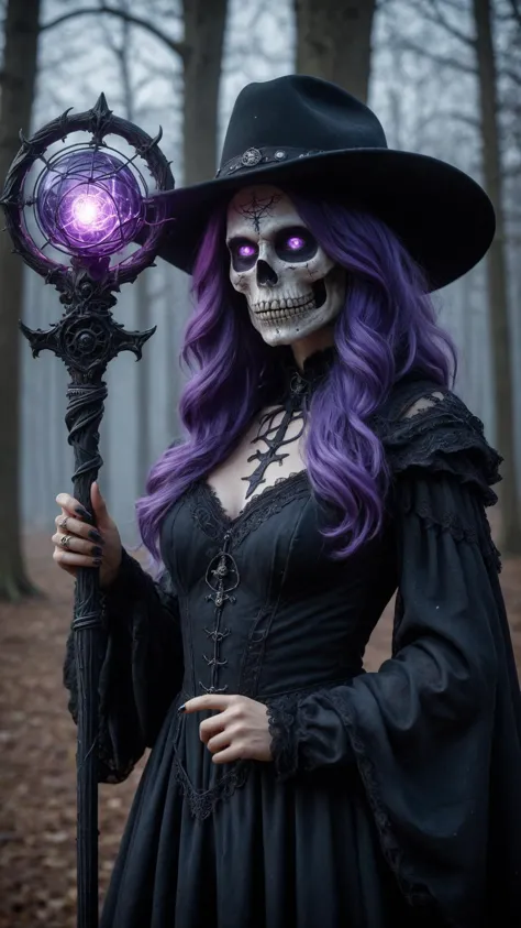 a woman in a witch costume holding a purple and black staff