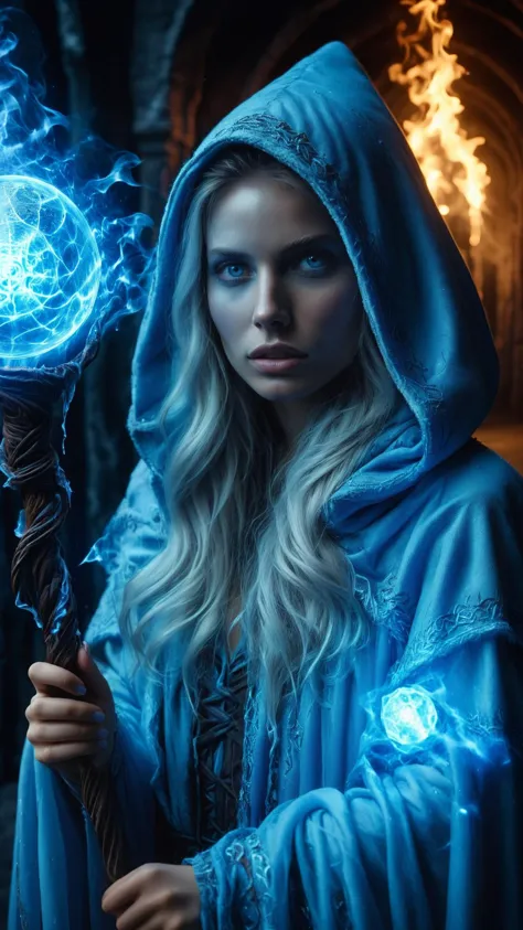 Photograph of a woman, light blue eyes, cosplay ice sorceress hooded dress, carrying a glowing orbstaff, a strong blue light illuminating her face, Icy fantasy dungeon movie set, shot with an Olympus OM-1, flattering lighting, ultra-realistic, (cowboy shot:1.3), <lora:XL_Weapon_Orbstaff_-_By_HailoKnight:0.75>