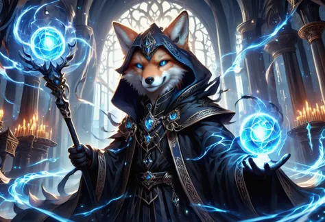 a fox with a staff and a glowing orb in its hand